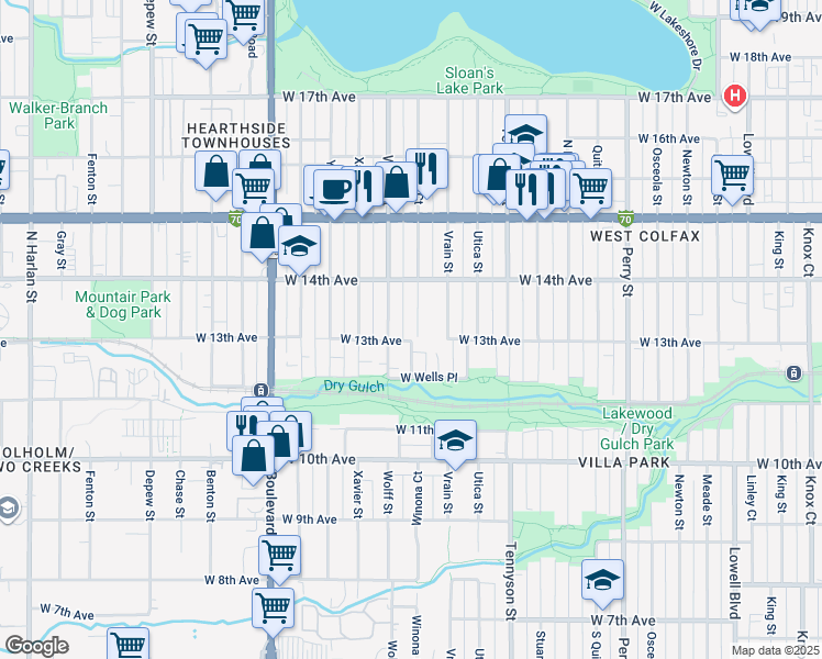 map of restaurants, bars, coffee shops, grocery stores, and more near 4708 West 13th Avenue in Denver