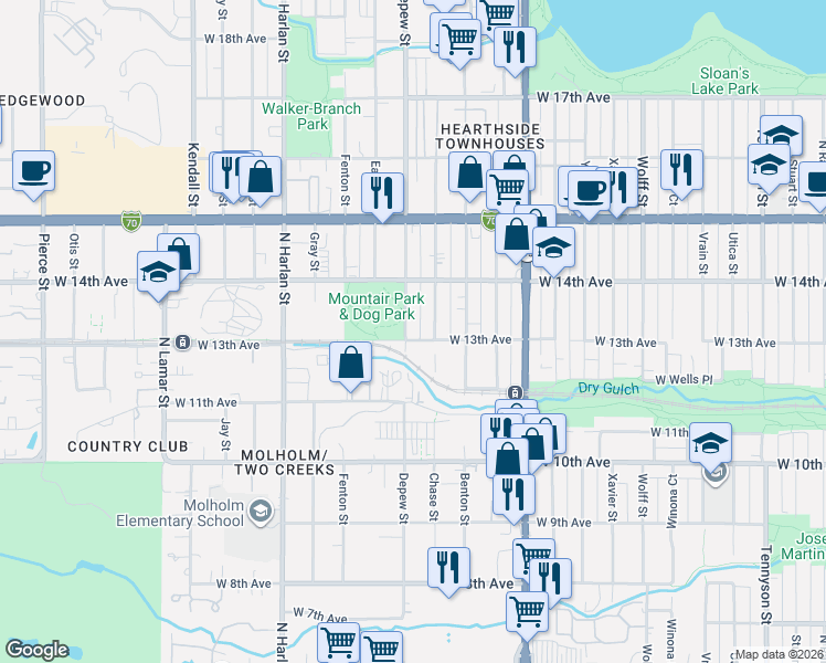 map of restaurants, bars, coffee shops, grocery stores, and more near 1305 Chase Street in Lakewood