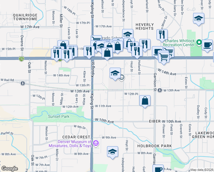 map of restaurants, bars, coffee shops, grocery stores, and more near 1190 Johnson Street in Lakewood