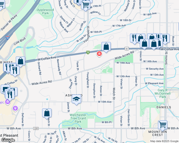 map of restaurants, bars, coffee shops, grocery stores, and more near 1215 Youngfield Street in Golden