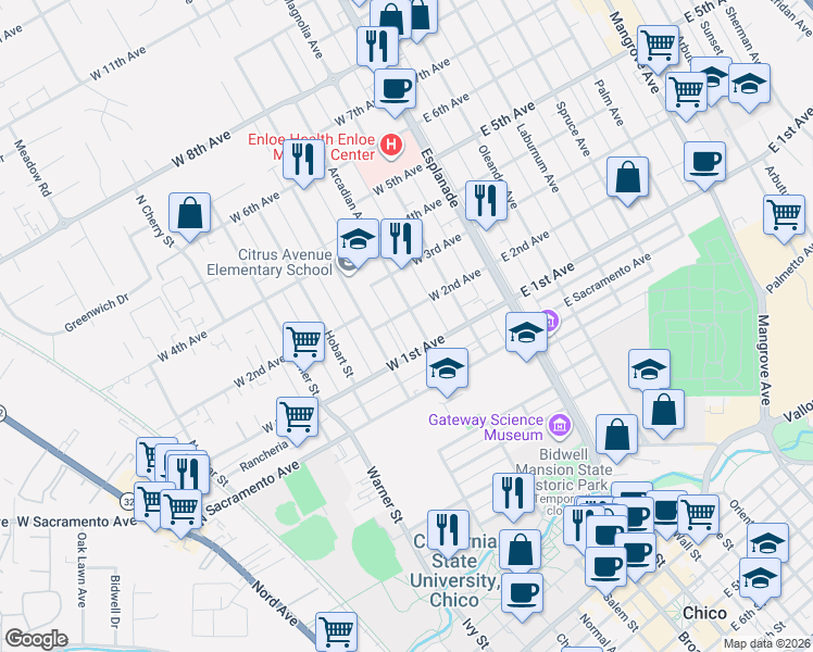 map of restaurants, bars, coffee shops, grocery stores, and more near 306 West 1st Avenue in Chico