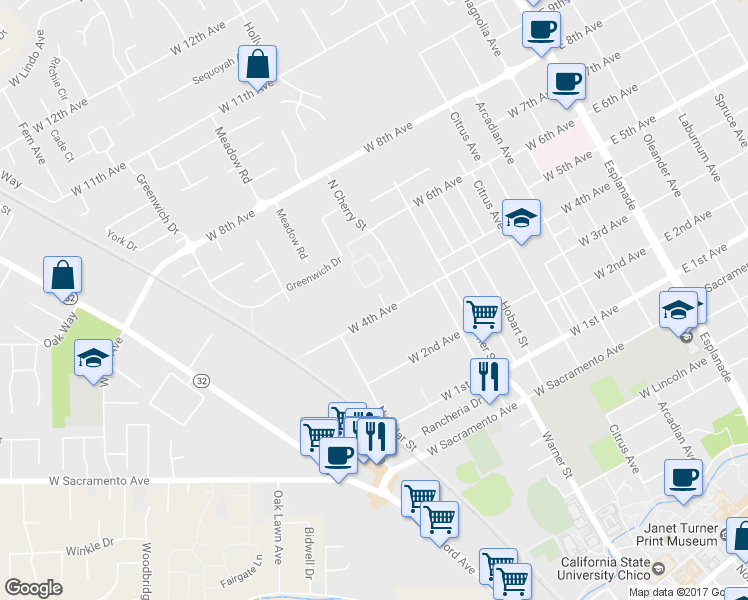map of restaurants, bars, coffee shops, grocery stores, and more near 741 West 4th Avenue in Chico