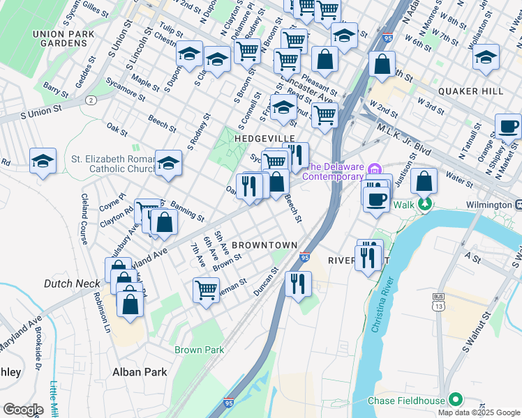 map of restaurants, bars, coffee shops, grocery stores, and more near 807 Anchorage Street in Wilmington