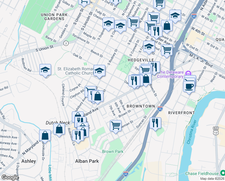map of restaurants, bars, coffee shops, grocery stores, and more near 1322 Banning Street in Wilmington