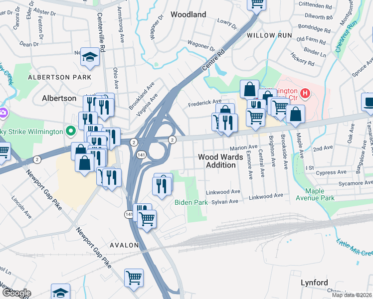 map of restaurants, bars, coffee shops, grocery stores, and more near 16 Hawthorne Avenue in Wilmington