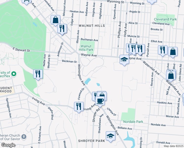 map of restaurants, bars, coffee shops, grocery stores, and more near 264 Wilmington Avenue in Dayton
