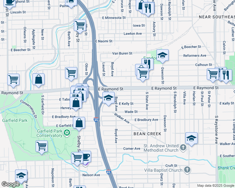 map of restaurants, bars, coffee shops, grocery stores, and more near 1501 East Tabor Street in Indianapolis
