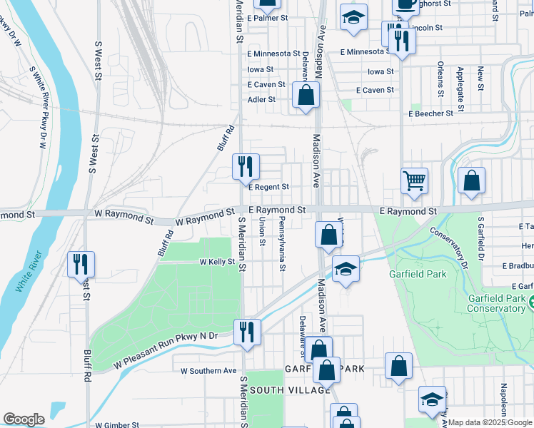 map of restaurants, bars, coffee shops, grocery stores, and more near 39 East Raymond Street in Indianapolis