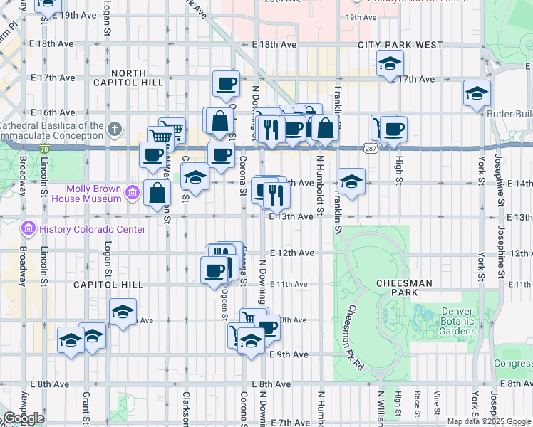 map of restaurants, bars, coffee shops, grocery stores, and more near in Denver