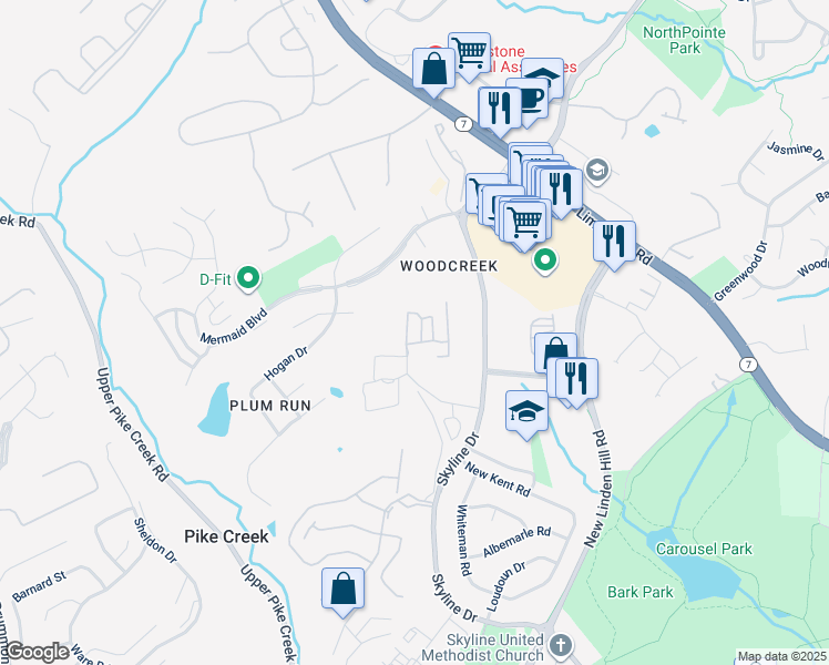 map of restaurants, bars, coffee shops, grocery stores, and more near 3600 Rustic Lane in Wilmington