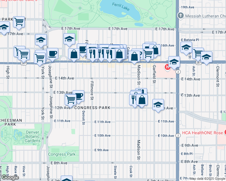 map of restaurants, bars, coffee shops, grocery stores, and more near 1313 Steele Street in Denver