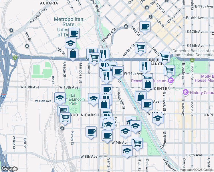 map of restaurants, bars, coffee shops, grocery stores, and more near 1266 Santa Fe Drive in Denver