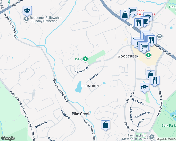 map of restaurants, bars, coffee shops, grocery stores, and more near 7 Ridge Boulevard in Wilmington