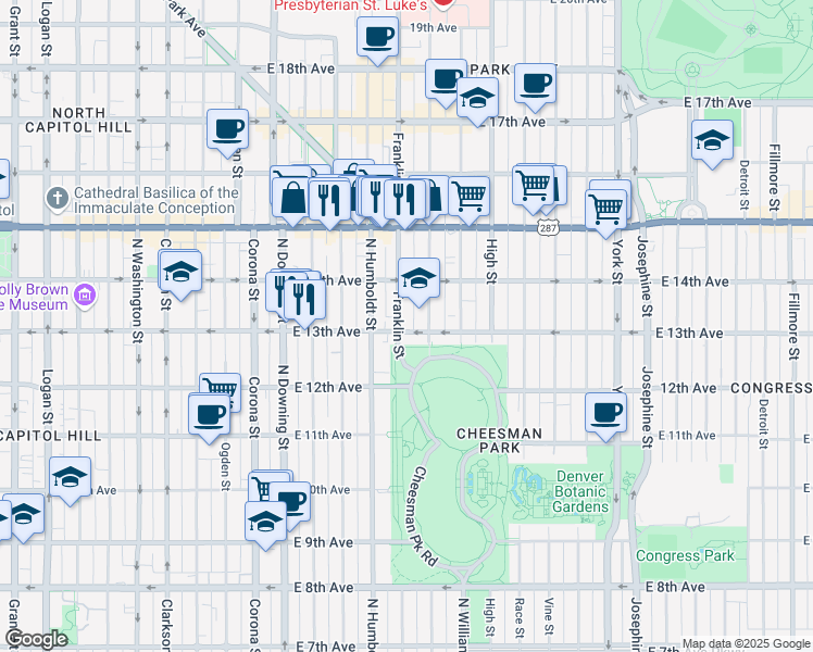 map of restaurants, bars, coffee shops, grocery stores, and more near 1310 Franklin Street in Denver