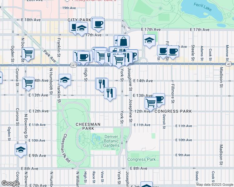 map of restaurants, bars, coffee shops, grocery stores, and more near 1330 North Gaylord Street in Denver