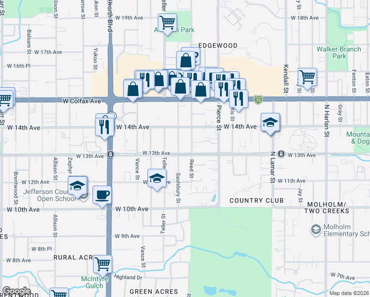 map of restaurants, bars, coffee shops, grocery stores, and more near 7095 West 13th Avenue in Lakewood