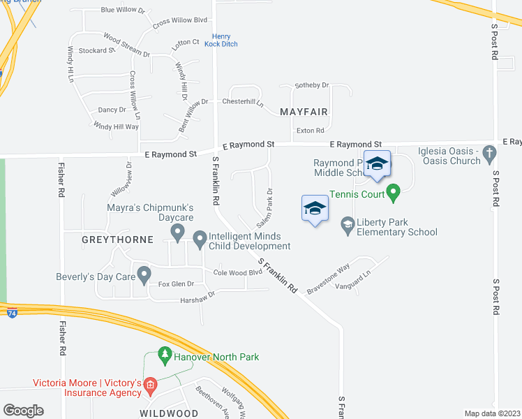 map of restaurants, bars, coffee shops, grocery stores, and more near 2341 Layton Park Drive in Indianapolis