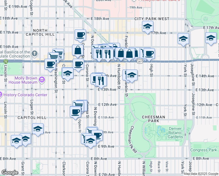 map of restaurants, bars, coffee shops, grocery stores, and more near 1301 Lafayette Street in Denver