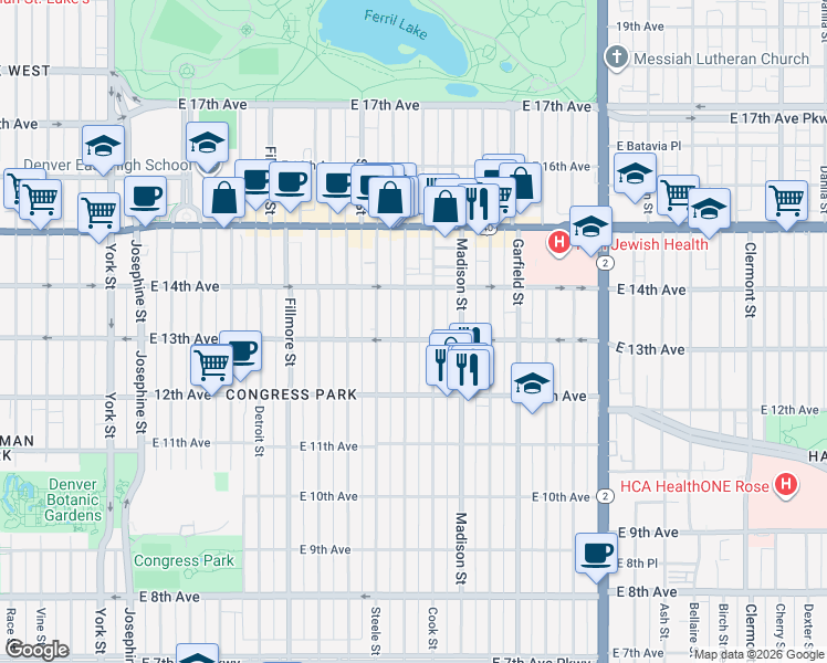 map of restaurants, bars, coffee shops, grocery stores, and more near 1300 Adams Street in Denver