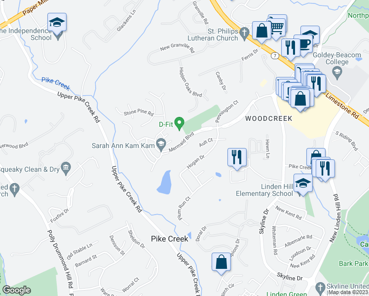 map of restaurants, bars, coffee shops, grocery stores, and more near 7 Ridge Boulevard in Wilmington