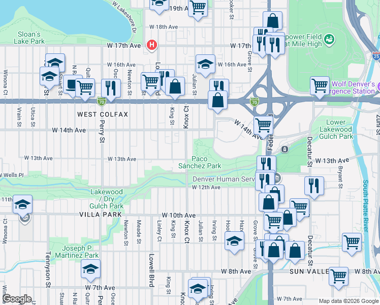 map of restaurants, bars, coffee shops, grocery stores, and more near 1290 Knox Court in Denver