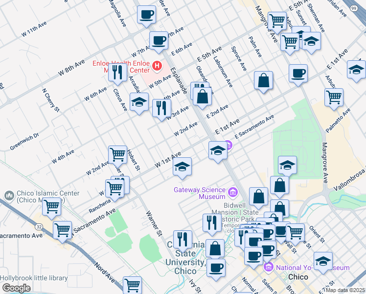 map of restaurants, bars, coffee shops, grocery stores, and more near 220 West 1st Avenue in Chico