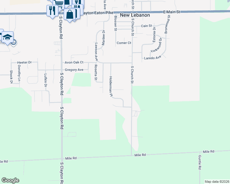 map of restaurants, bars, coffee shops, grocery stores, and more near 590 Holderman Place in New Lebanon