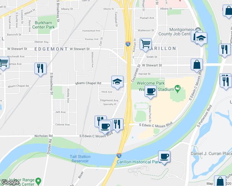 map of restaurants, bars, coffee shops, grocery stores, and more near 700 Heck Avenue in Dayton