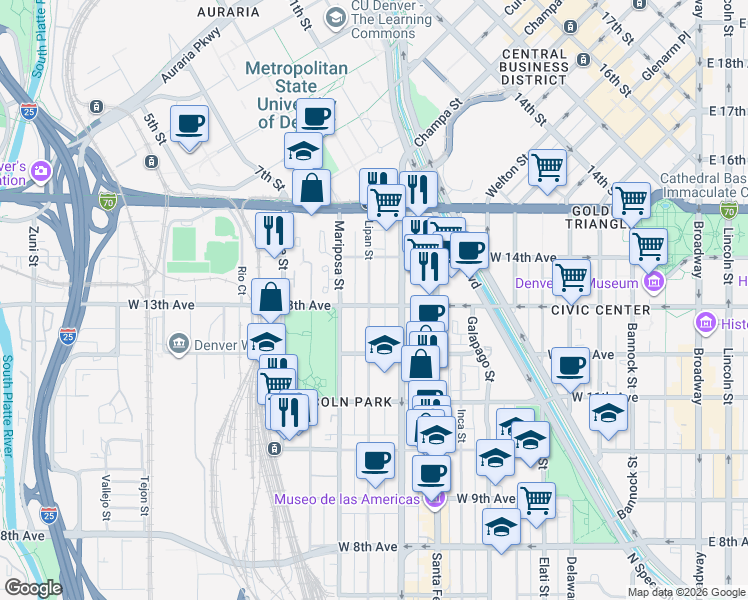 map of restaurants, bars, coffee shops, grocery stores, and more near 1264 Lipan Street in Denver