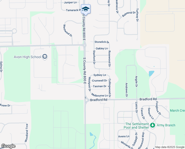 map of restaurants, bars, coffee shops, grocery stores, and more near 8075 Sydney Lane in Avon