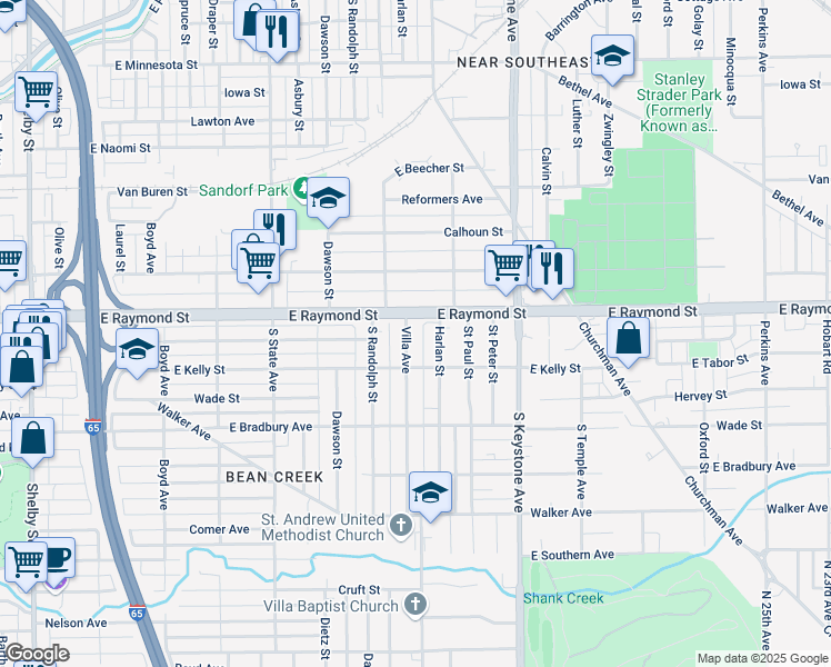 map of restaurants, bars, coffee shops, grocery stores, and more near 2244 Villa Avenue in Indianapolis