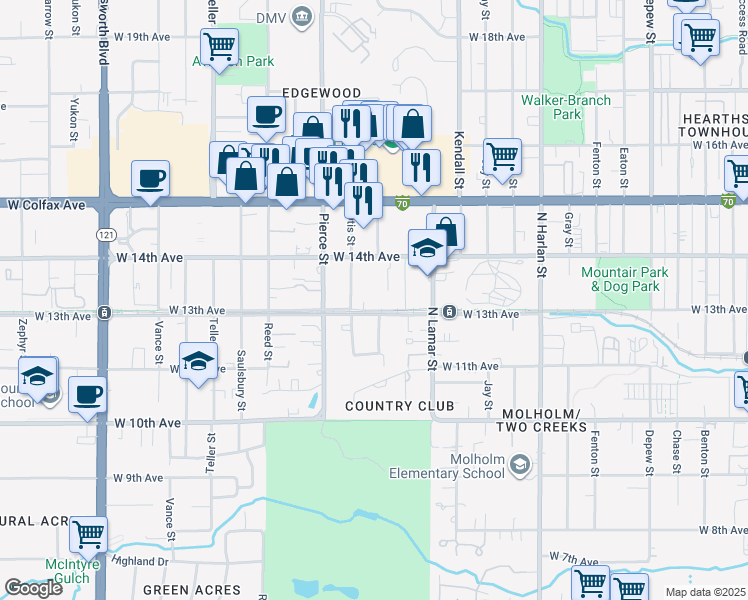 map of restaurants, bars, coffee shops, grocery stores, and more near 6605 West 13th Avenue in Lakewood