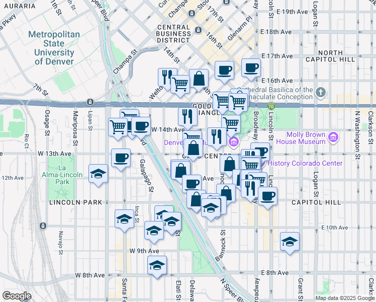 map of restaurants, bars, coffee shops, grocery stores, and more near 360 West 13th Avenue in Denver