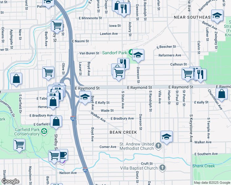 map of restaurants, bars, coffee shops, grocery stores, and more near 1630 Tabor Street in Indianapolis