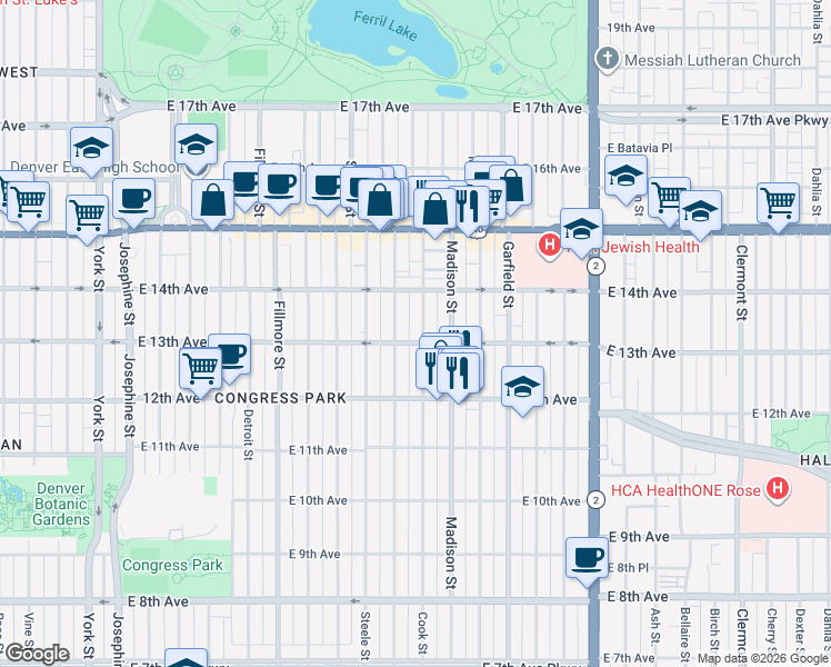 map of restaurants, bars, coffee shops, grocery stores, and more near 1273 Cook Street in Denver