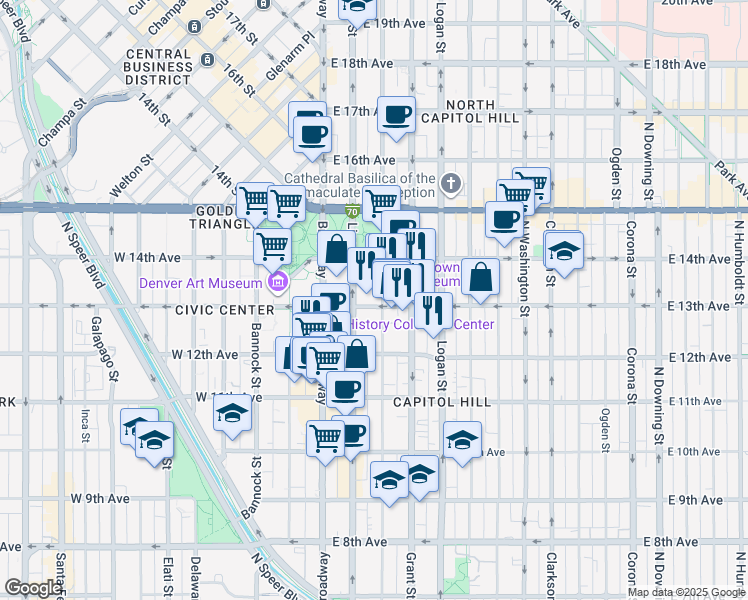 map of restaurants, bars, coffee shops, grocery stores, and more near 1271 Sherman Street in Denver