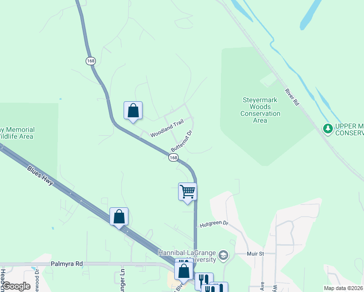 map of restaurants, bars, coffee shops, grocery stores, and more near 106 Butternut Drive in Hannibal