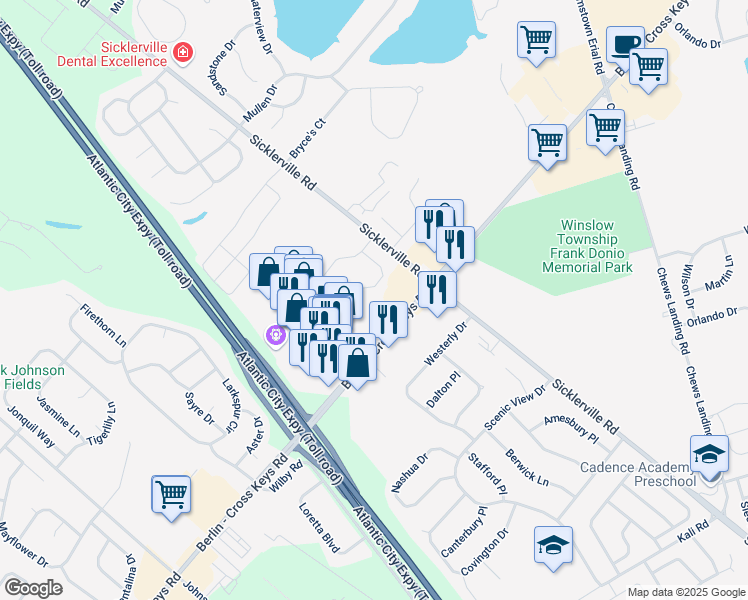 map of restaurants, bars, coffee shops, grocery stores, and more near 601 Berlin - Cross Keys Road in Sicklerville