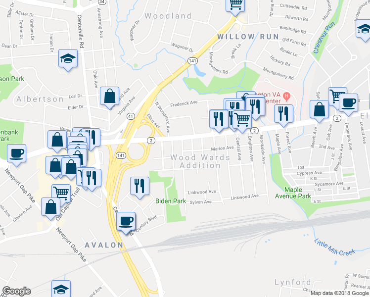 map of restaurants, bars, coffee shops, grocery stores, and more near 12 South Woodward Avenue in Wilmington