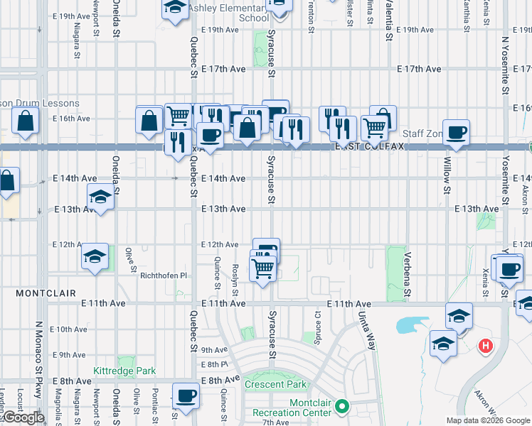 map of restaurants, bars, coffee shops, grocery stores, and more near 1244 Rosemary Street in Denver