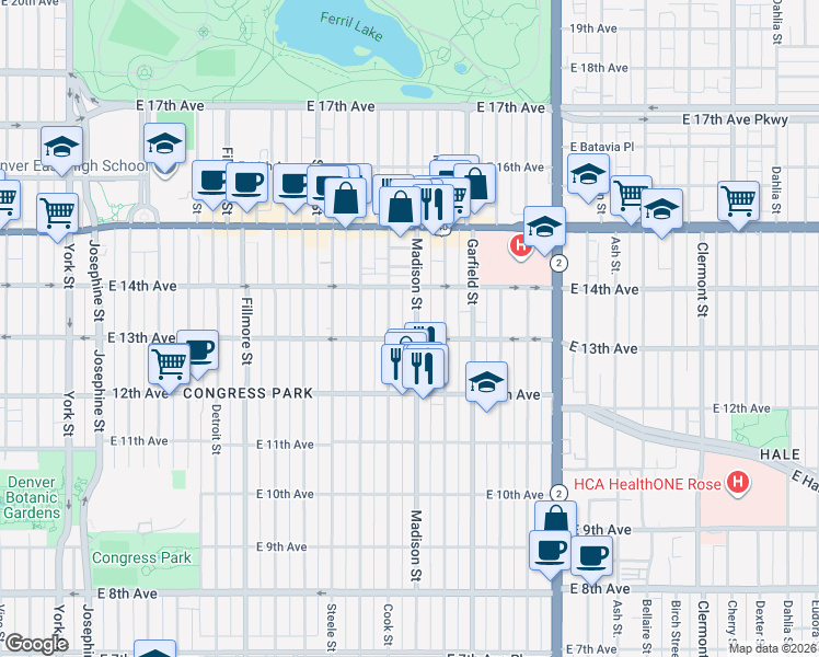 map of restaurants, bars, coffee shops, grocery stores, and more near 1286 Madison Street in Denver
