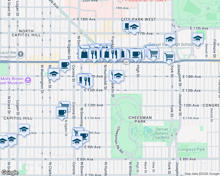 map of restaurants, bars, coffee shops, grocery stores, and more near in Denver