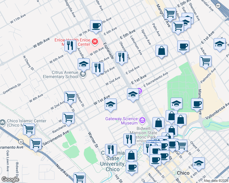 map of restaurants, bars, coffee shops, grocery stores, and more near in Chico