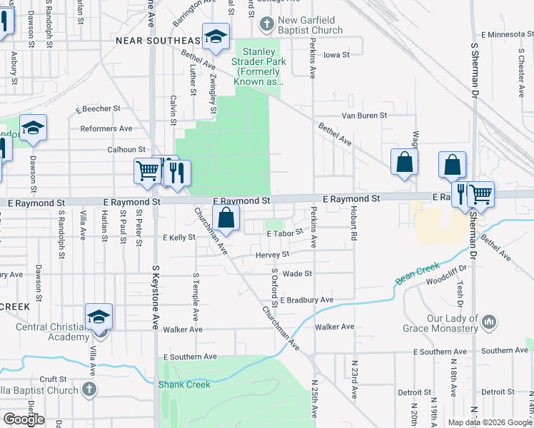 map of restaurants, bars, coffee shops, grocery stores, and more near 2255 South Oxford Street in Indianapolis