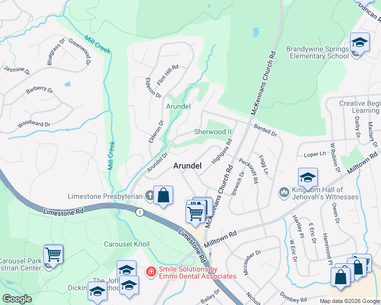 map of restaurants, bars, coffee shops, grocery stores, and more near 16 Carsdale Court in Wilmington