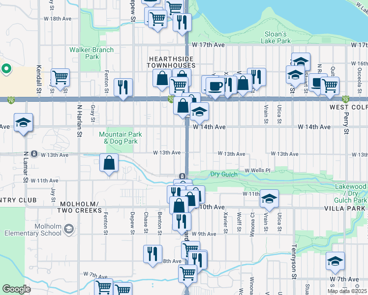map of restaurants, bars, coffee shops, grocery stores, and more near 5240 West 13th Avenue in Lakewood