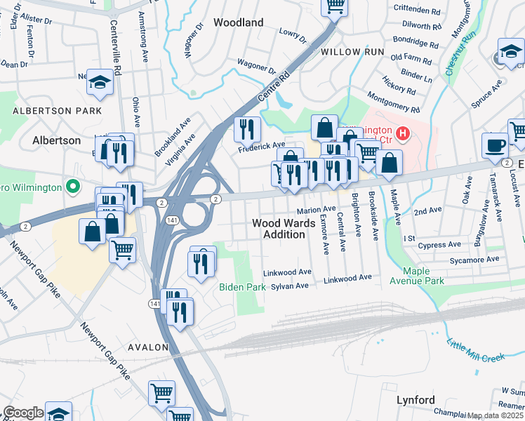 map of restaurants, bars, coffee shops, grocery stores, and more near 12 South Woodward Avenue in Wilmington