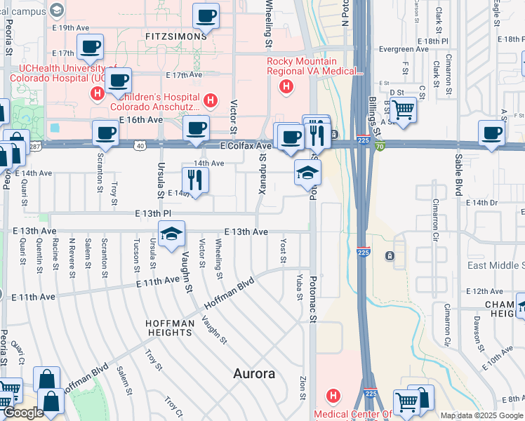 map of restaurants, bars, coffee shops, grocery stores, and more near 13605 East 13th Avenue in Aurora