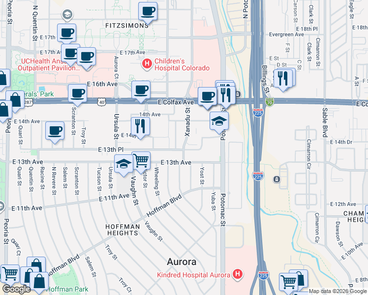 map of restaurants, bars, coffee shops, grocery stores, and more near 13605 East 13th Avenue in Aurora