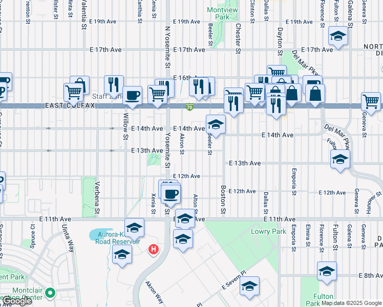 map of restaurants, bars, coffee shops, grocery stores, and more near 1244 Akron Street in Aurora